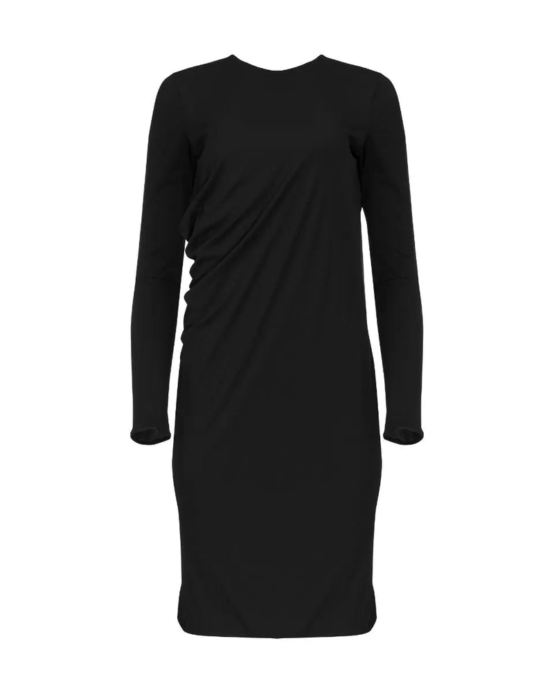 Ferragamo black asymmetric draped long sleeve dress thumbnail