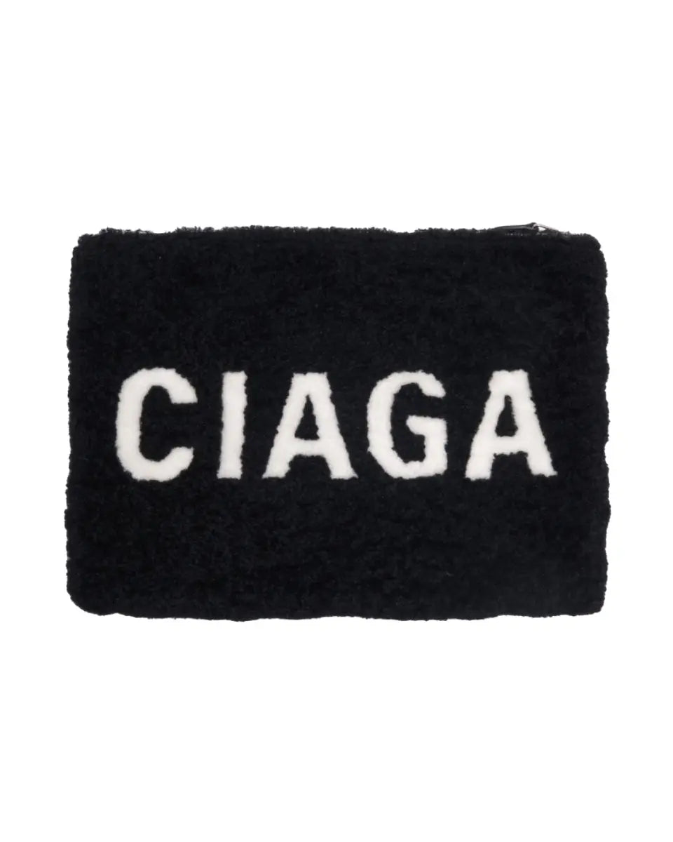 Balenciaga black shearling merino lamb logo zip clutch bag
