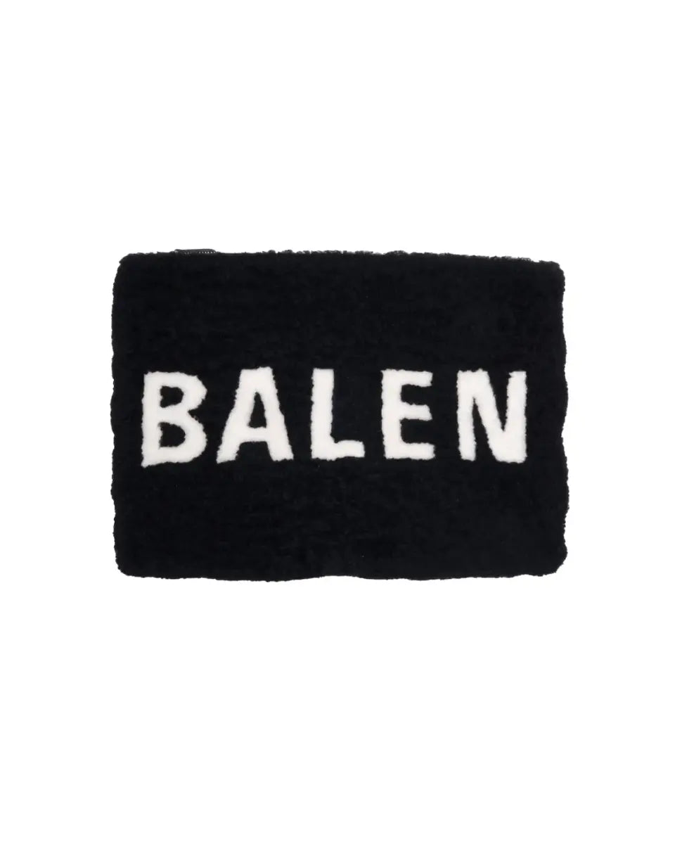 Balenciaga black shearling merino lamb logo zip clutch bag Balenciaga
