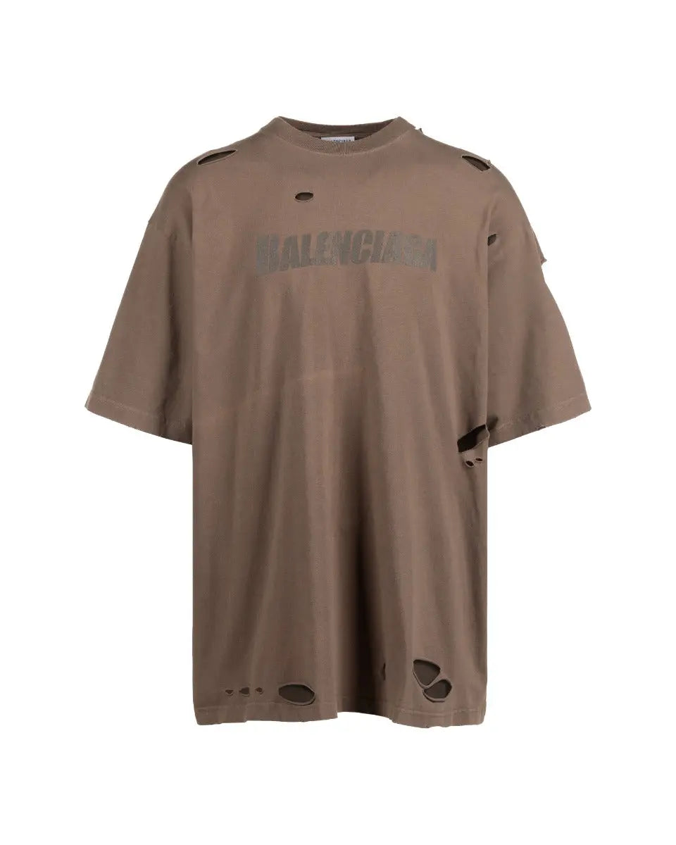 Balenciaga Caps Logo Distressed Oversized Brown T-Shirt
