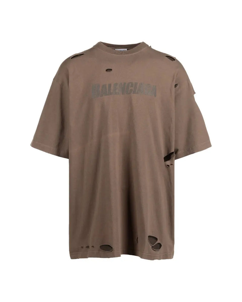 Balenciaga Caps Logo Distressed Oversized Brown T-Shirt thumbnail