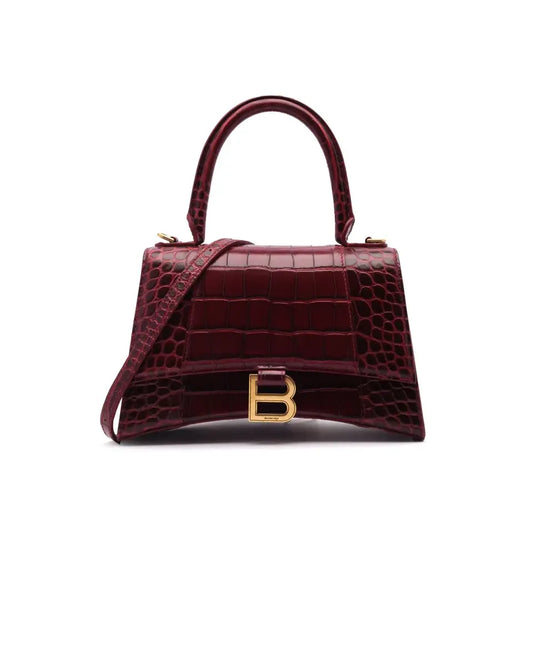 Balenciaga Hourglass small crocodile embossed maroon leather bag Balenciaga