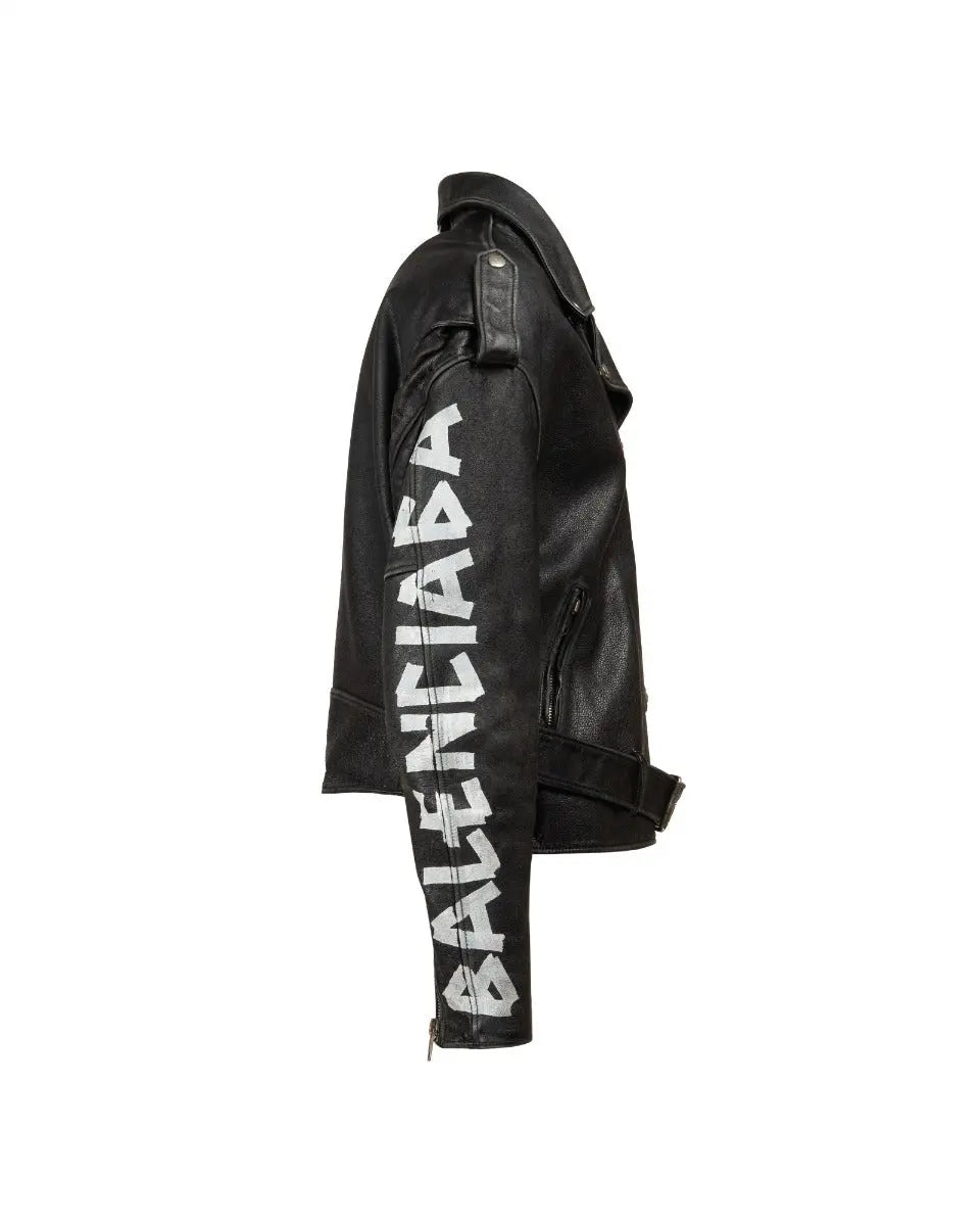 Balenciaga sleeve painted logo oversized leather moto jacket