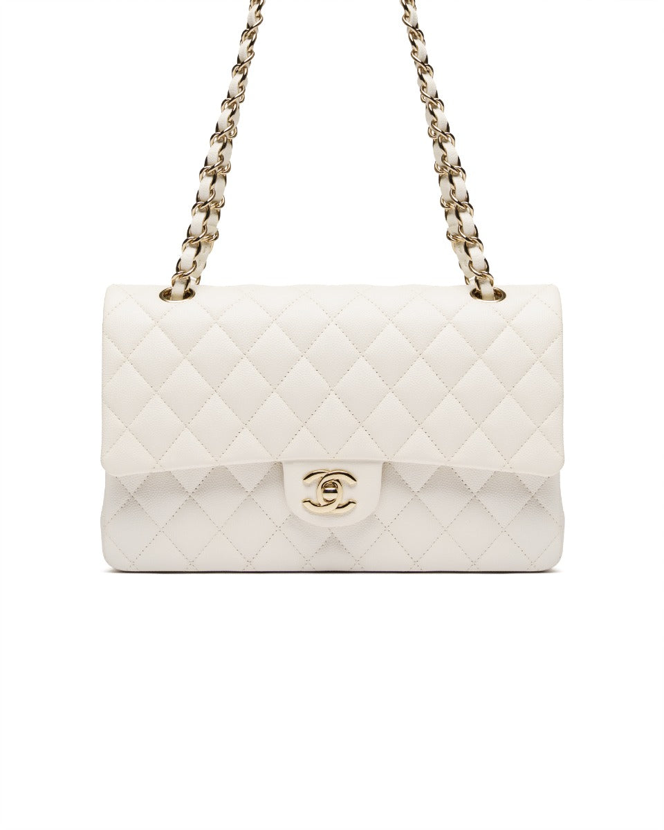 Chanel Classic Double Flap Caviar White medium quilted bag