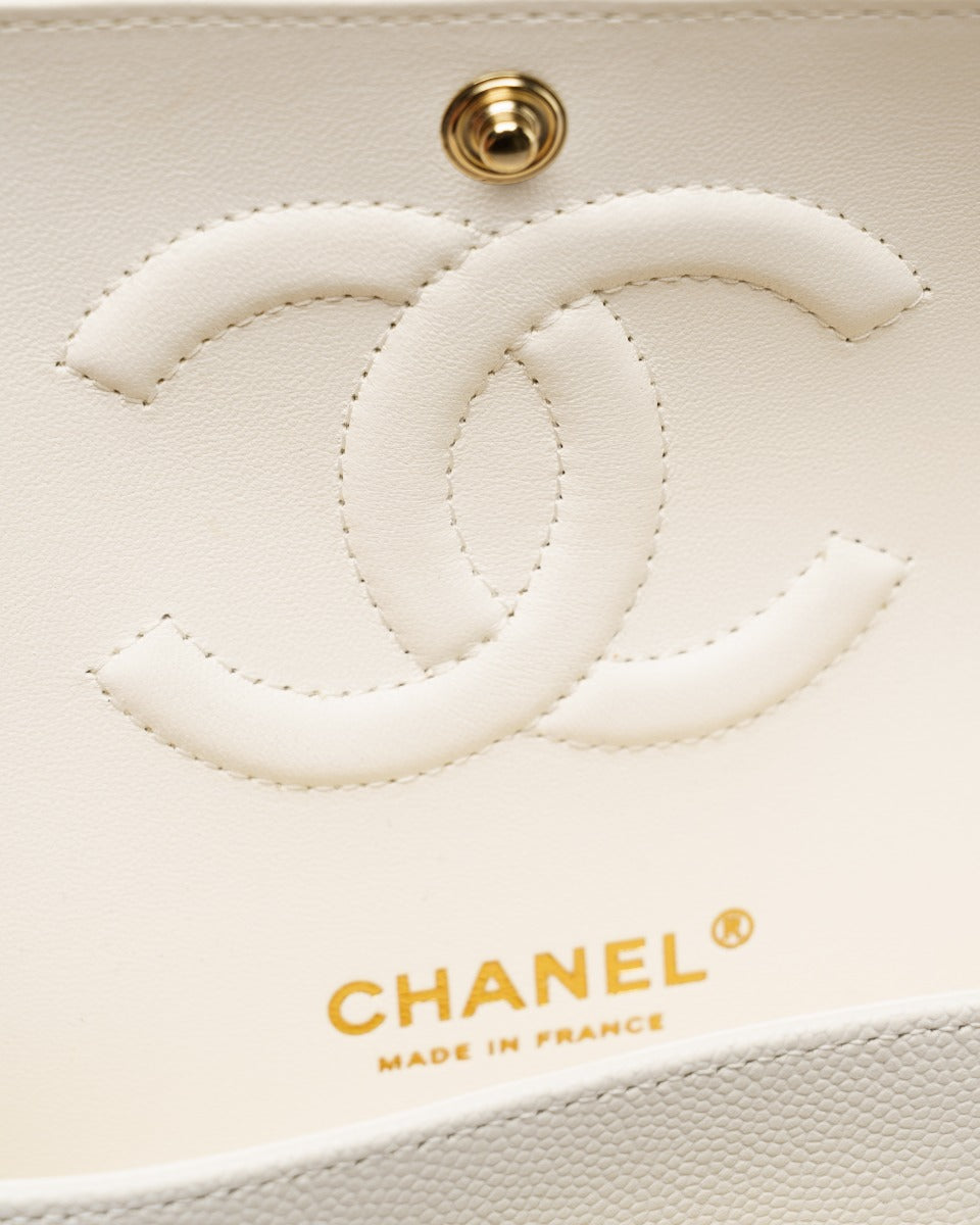 Chanel Classic Double Flap Caviar White medium quilted bag