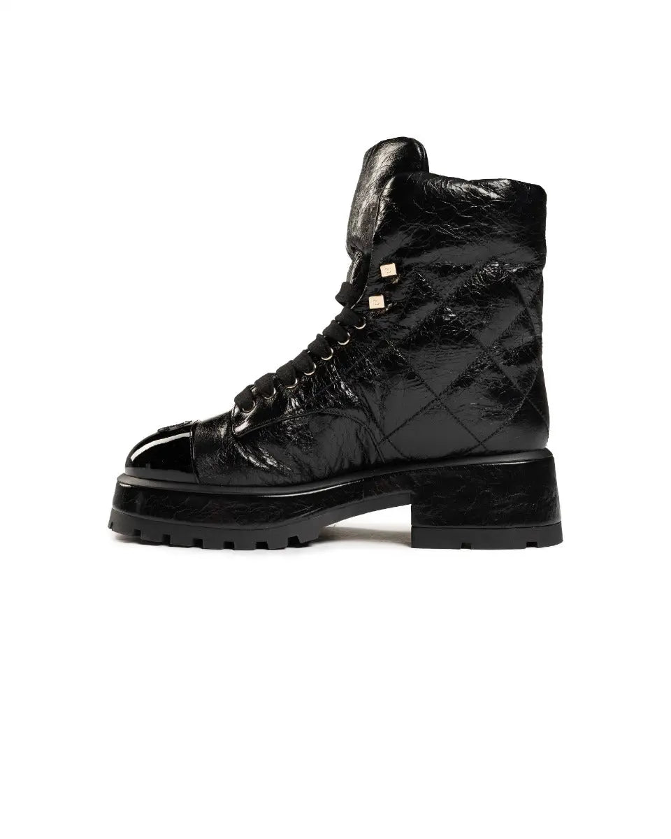Chanel crumpled patent lambskin combat boots