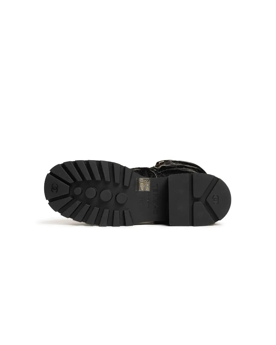 Chanel crumpled patent lambskin combat boots