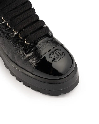 Chanel crumpled patent lambskin combat boots Chanel