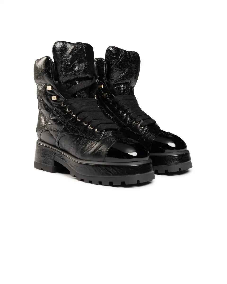 Chanel crumpled patent lambskin combat boots