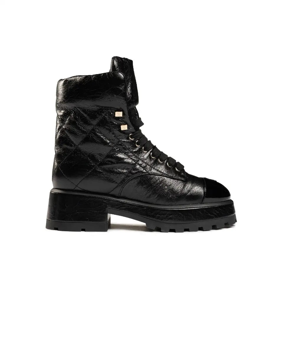 Chanel crumpled patent lambskin combat boots Chanel