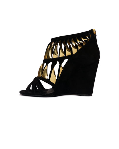 Chanelwisted black&gold suede wedge heels-2
