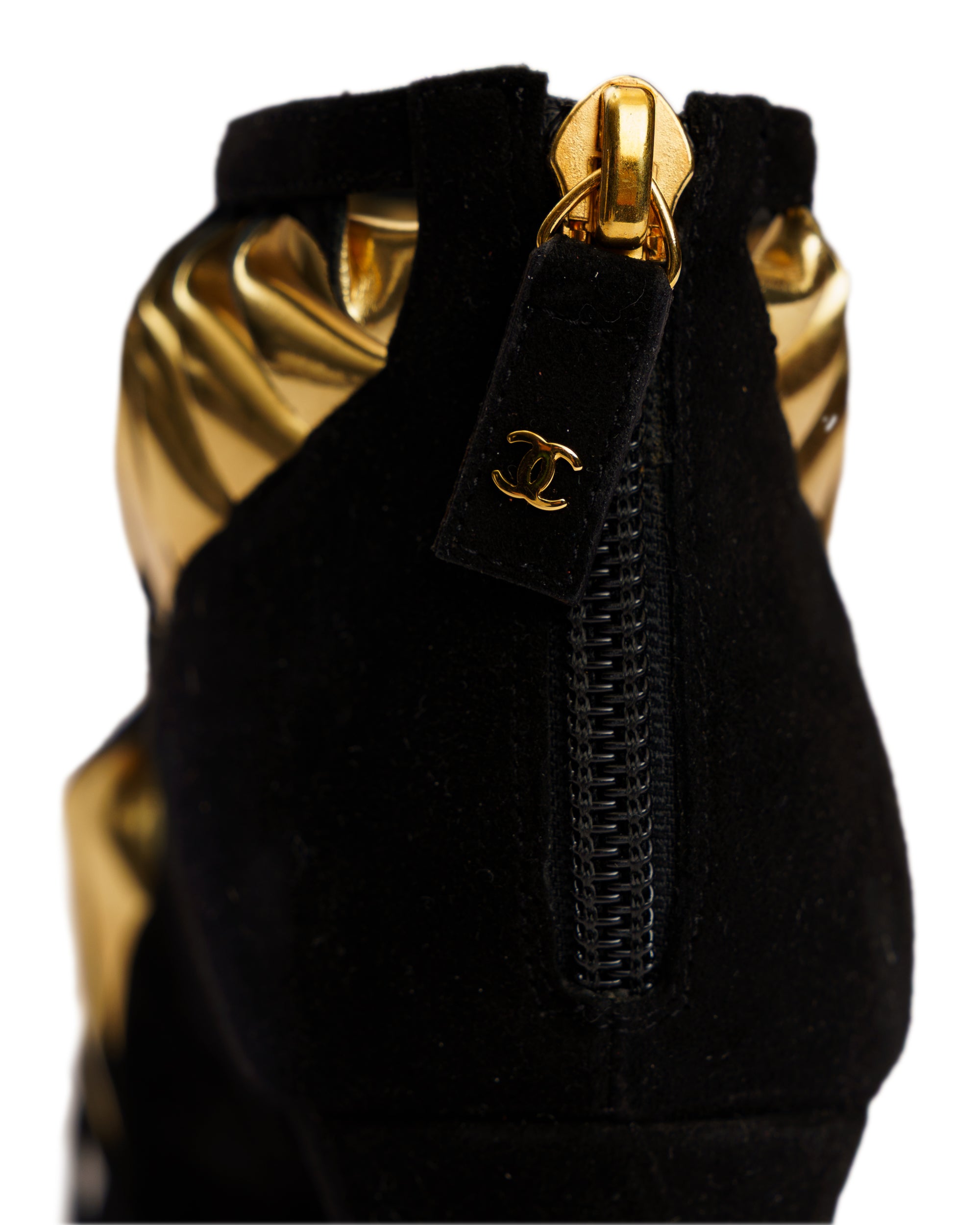 Chanel Twisted black and gold suede wedge heels