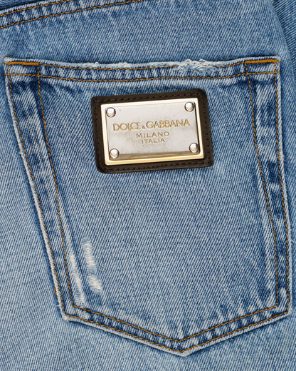Dolce and Gabbana metal logo emblem blue denim pants Dolce and Gabbana