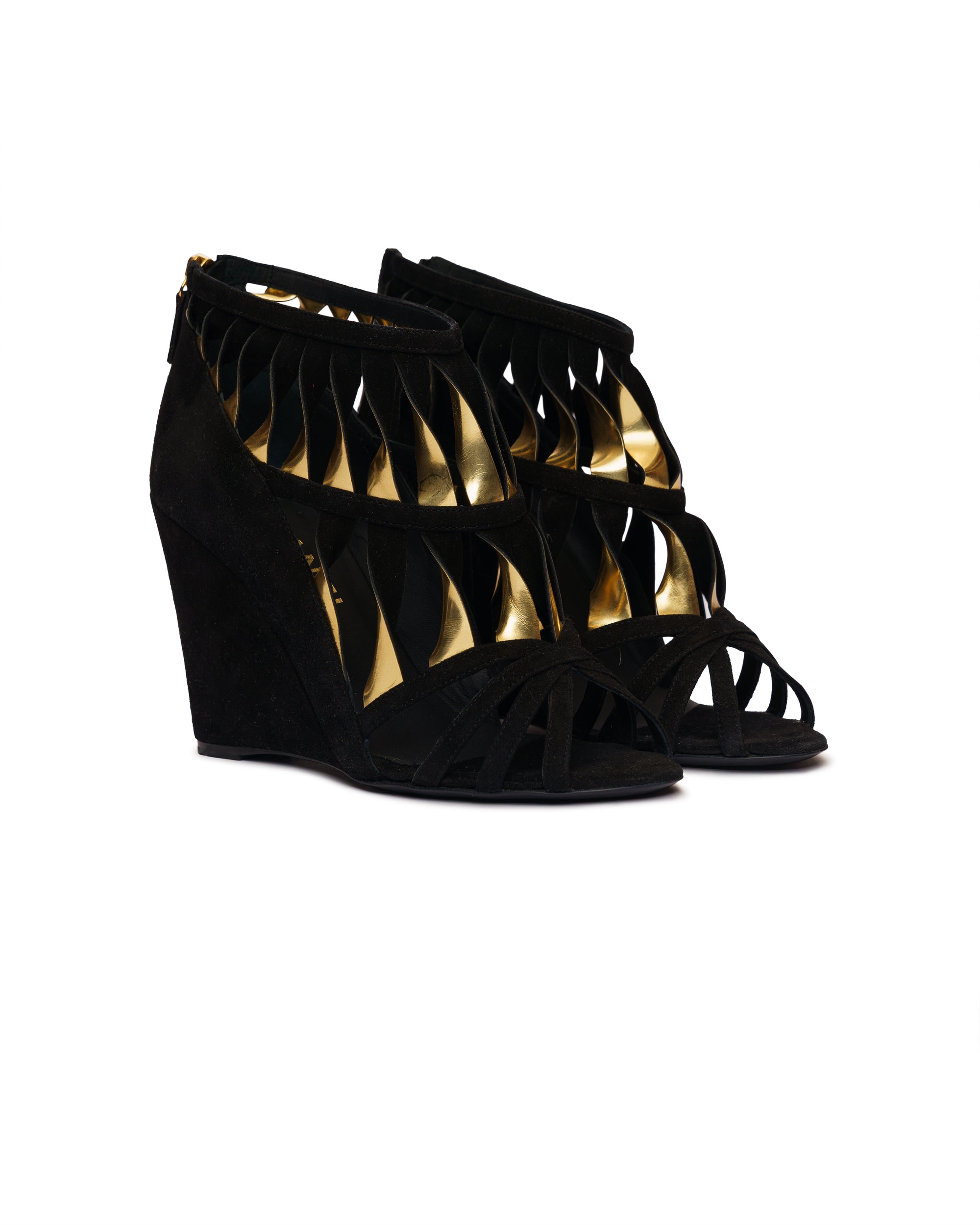 Chanel Twisted black and gold suede wedge heels