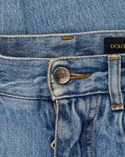 Dolce and Gabbana metal logo emblem blue denim pants Dolce and Gabbana