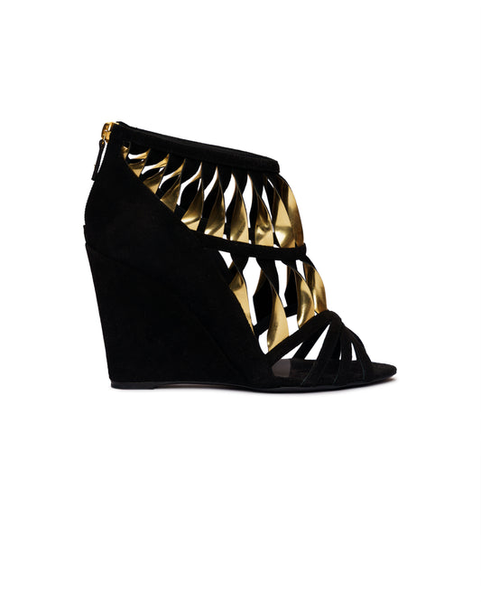 Chanelwisted black&gold suede wedge heels