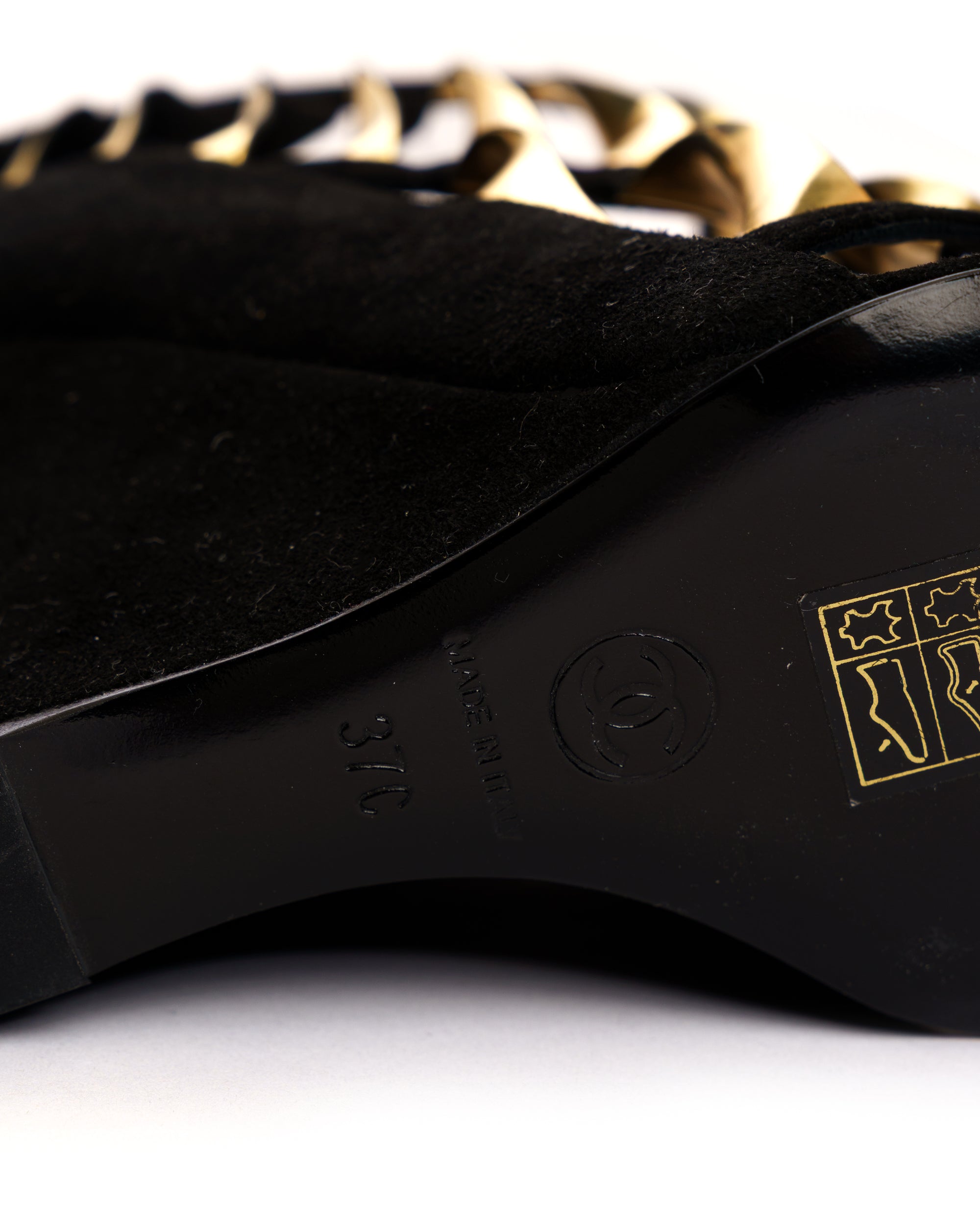 Chanel Twisted black and gold suede wedge heels
