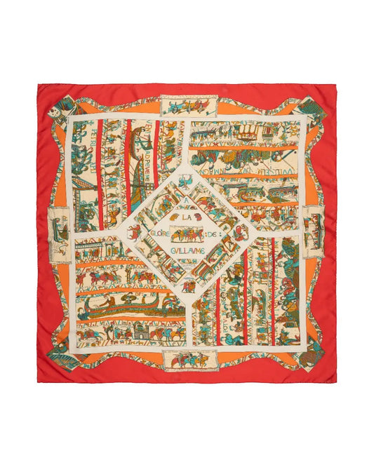 Hermes "A la Gloire de Guillaume" by Loic Dubigeon silk red scarf Hermès