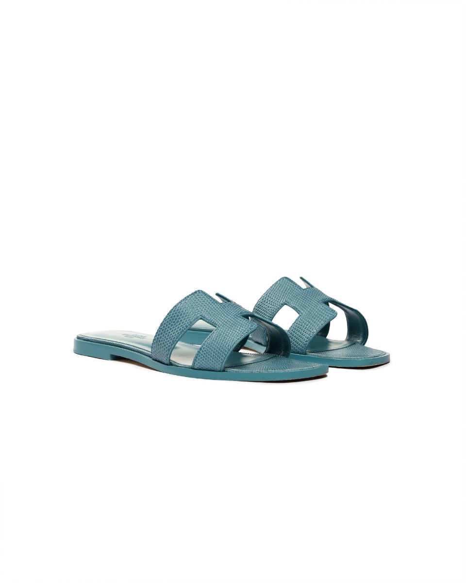 Hermes Oran Gris Antarctique lizard leather sandals