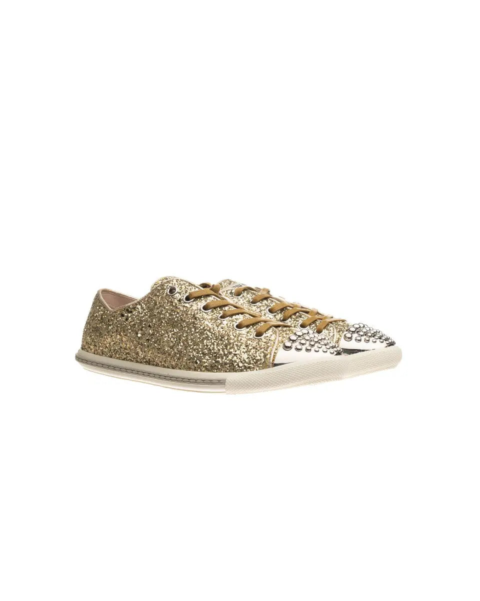 Miu Miu jeweled gold glitter sneakers